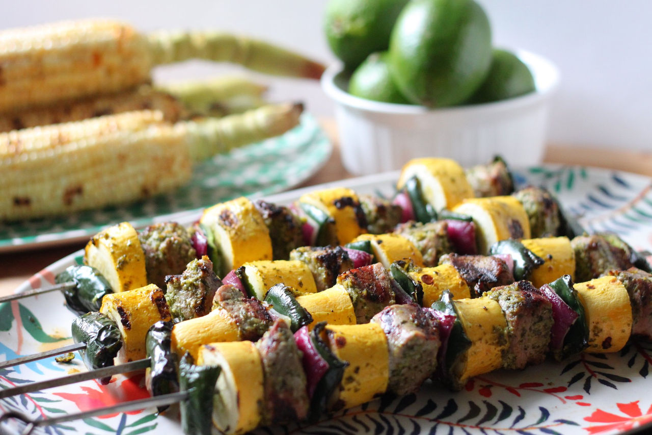 Cilantro-Lime Pork and Poblano Kebabs with Grilled Corn